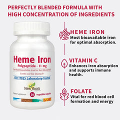 NEW ROOTS HERBAL heme iron label closeup highlights ingredients and quality you can trust