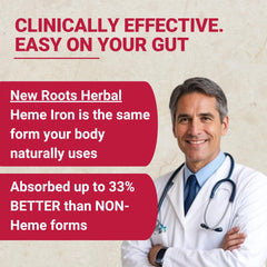 NEW ROOTS HERBAL packaging box on display communicates a well-rounded iron support formula