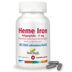 NEW ROOTS HERBAL heme iron supplement bottle shown for enhanced absorption and daily energy