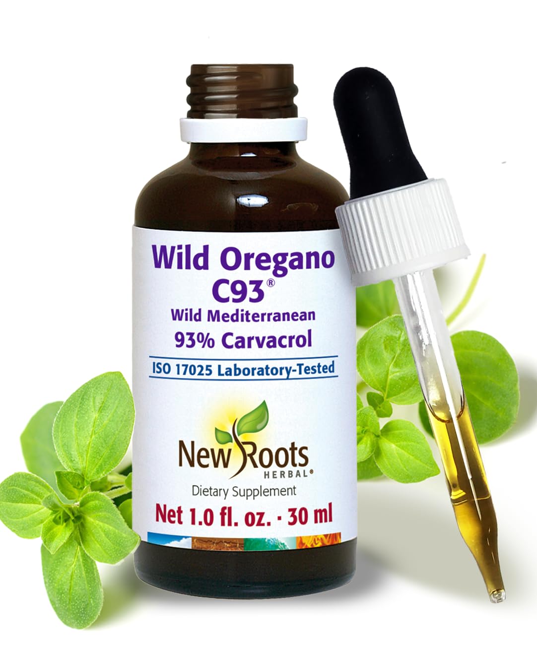 New Roots Wild Oregano Oil Drops bottle closeup shows 93% carvacrol potency