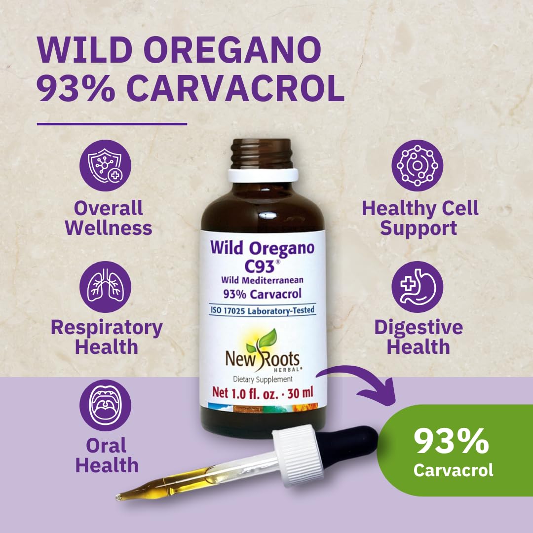 New Roots Wild Oregano Oil Drops label detail highlights purity features