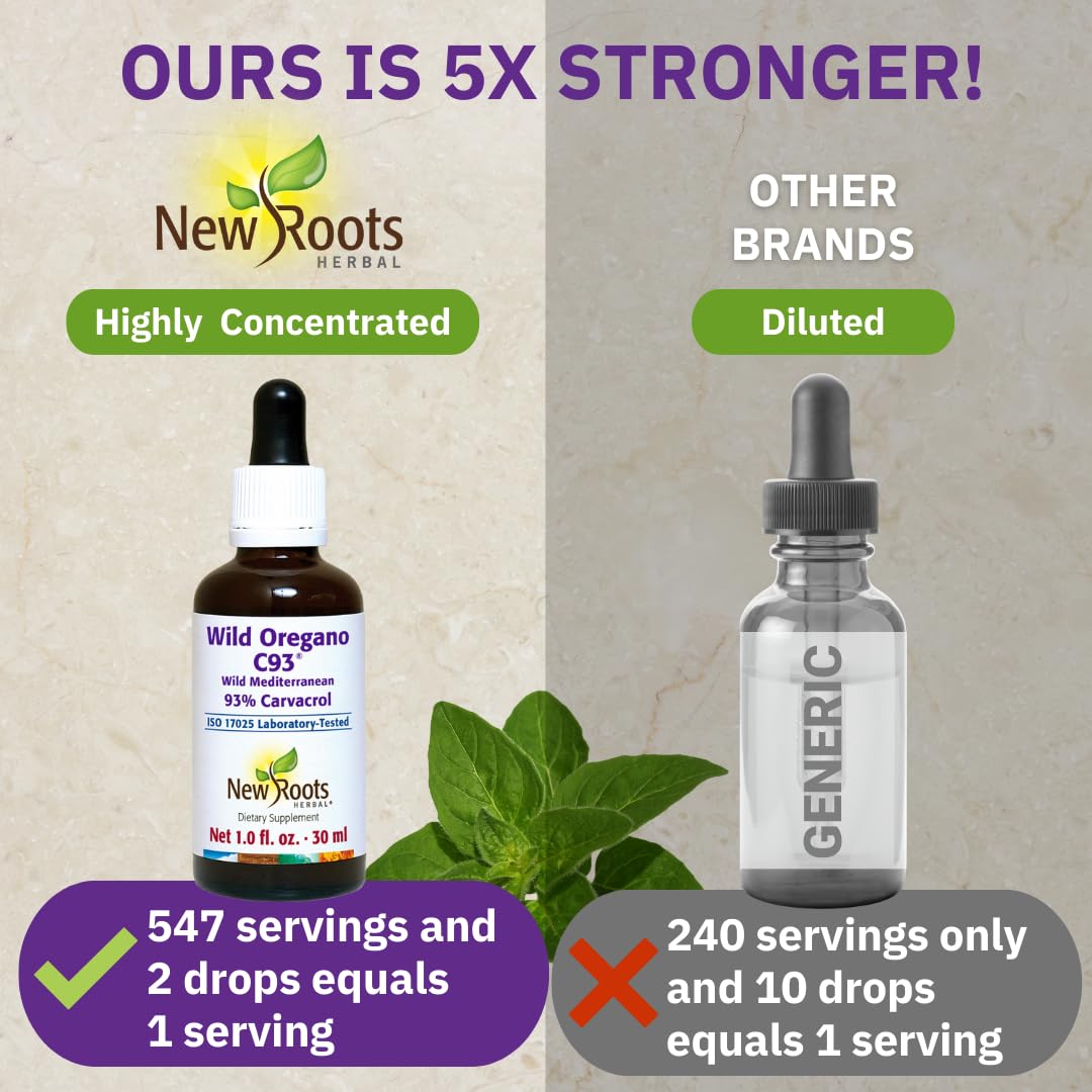 New Roots Wild Oregano Oil Drops glass bottle ready to dispense