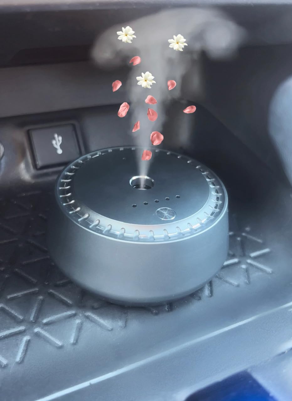 New Smart Aroma Diffuser in car angle, enhancing cabin scent on the go.