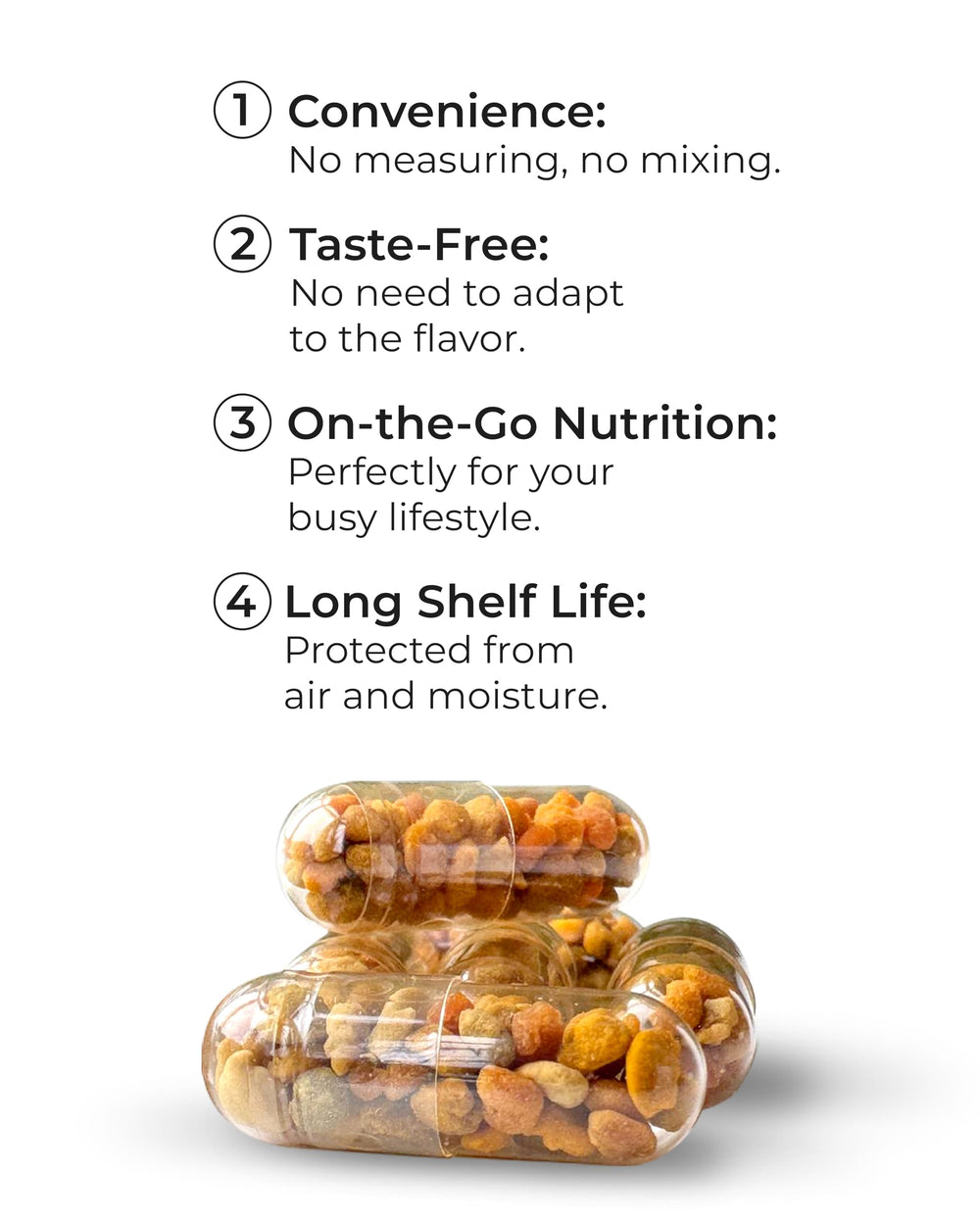 New Time Organic bee pollen capsules closeup showcases purity and potency for natural nutrition.
