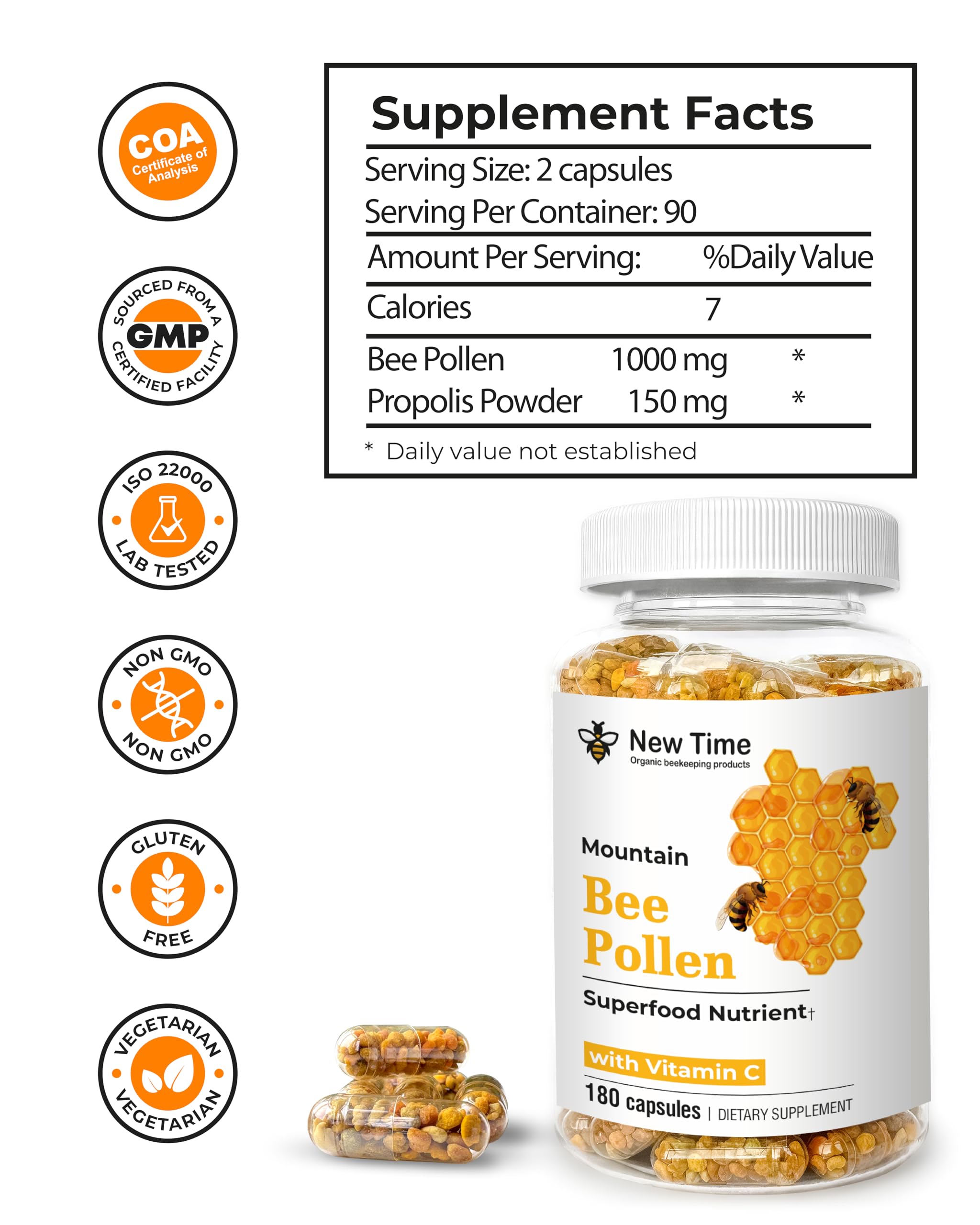 New Time Organic bee pollen capsules in hand suggest convenient daily supplementation for active lifestyles.
