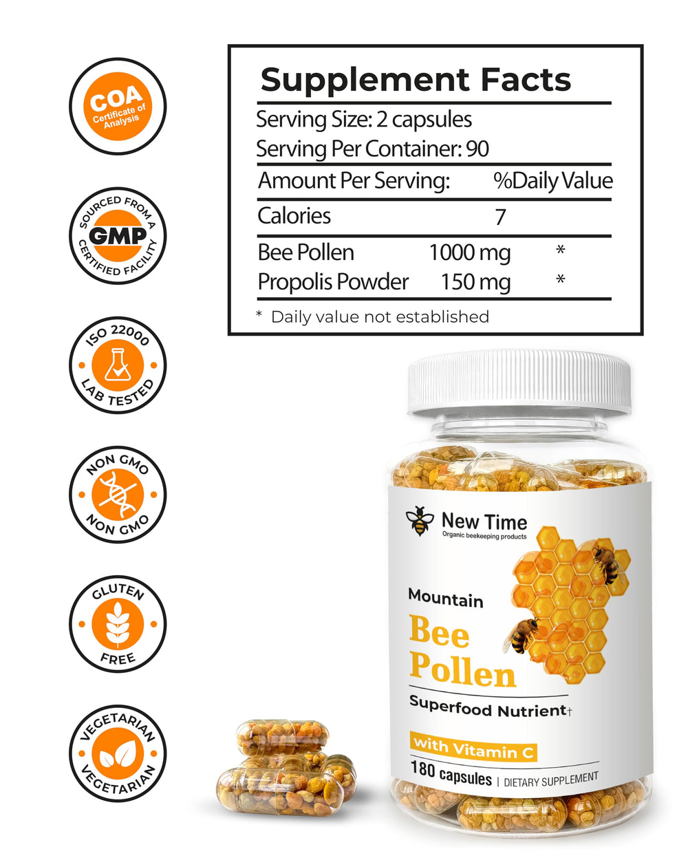 New Time Organic bee pollen capsules in hand suggest convenient daily supplementation for active lifestyles.