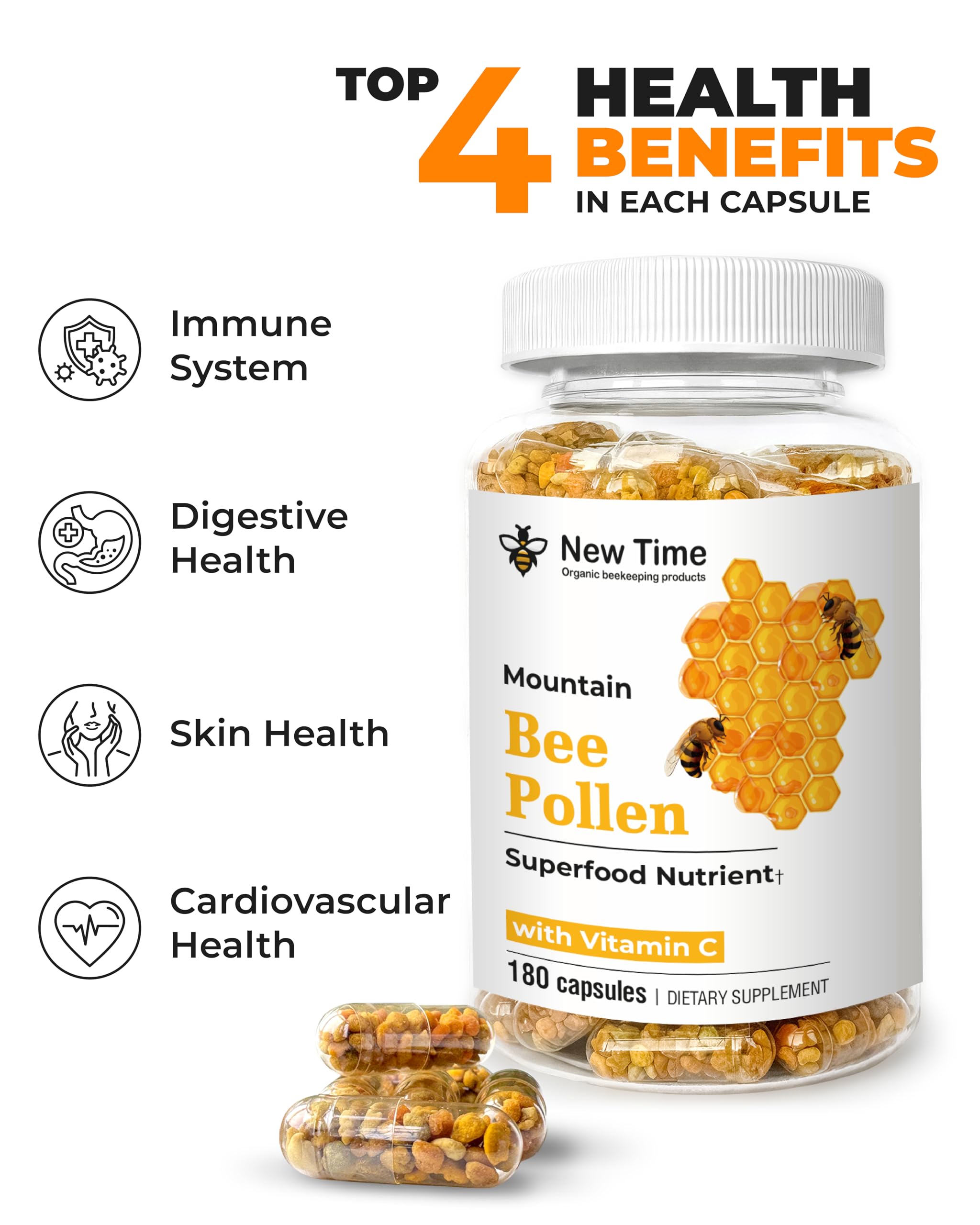 New Time Organic bee pollen label detail builds trust in organic, responsibly harvested ingredients.