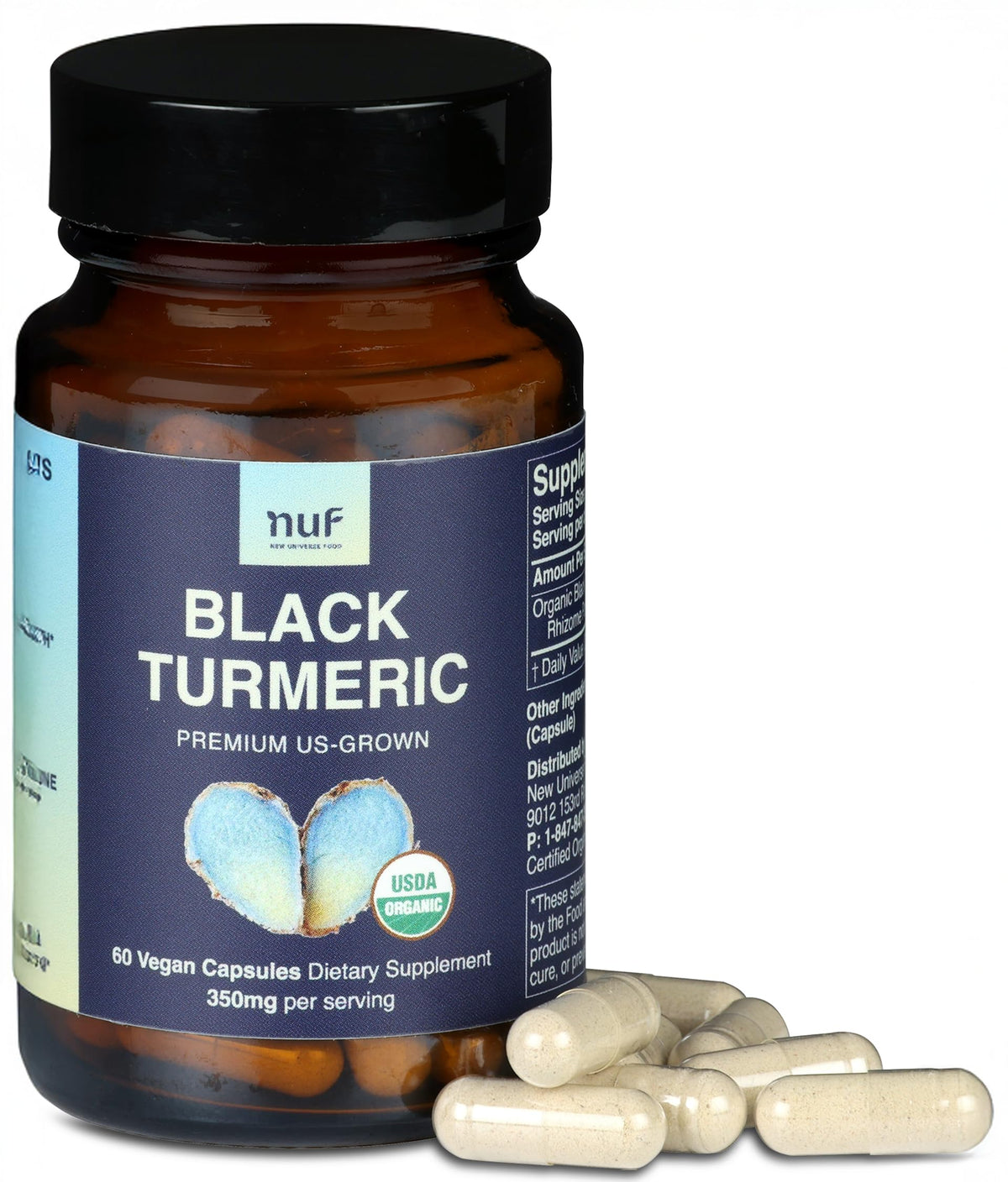 New Universe Food Black Turmeric 350mg bottle front for daily joint support.