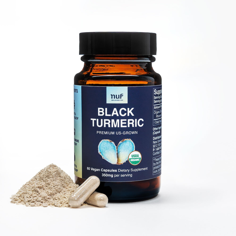New Universe Food Black Turmeric bottle side shows ingredients and dosage for daily use.