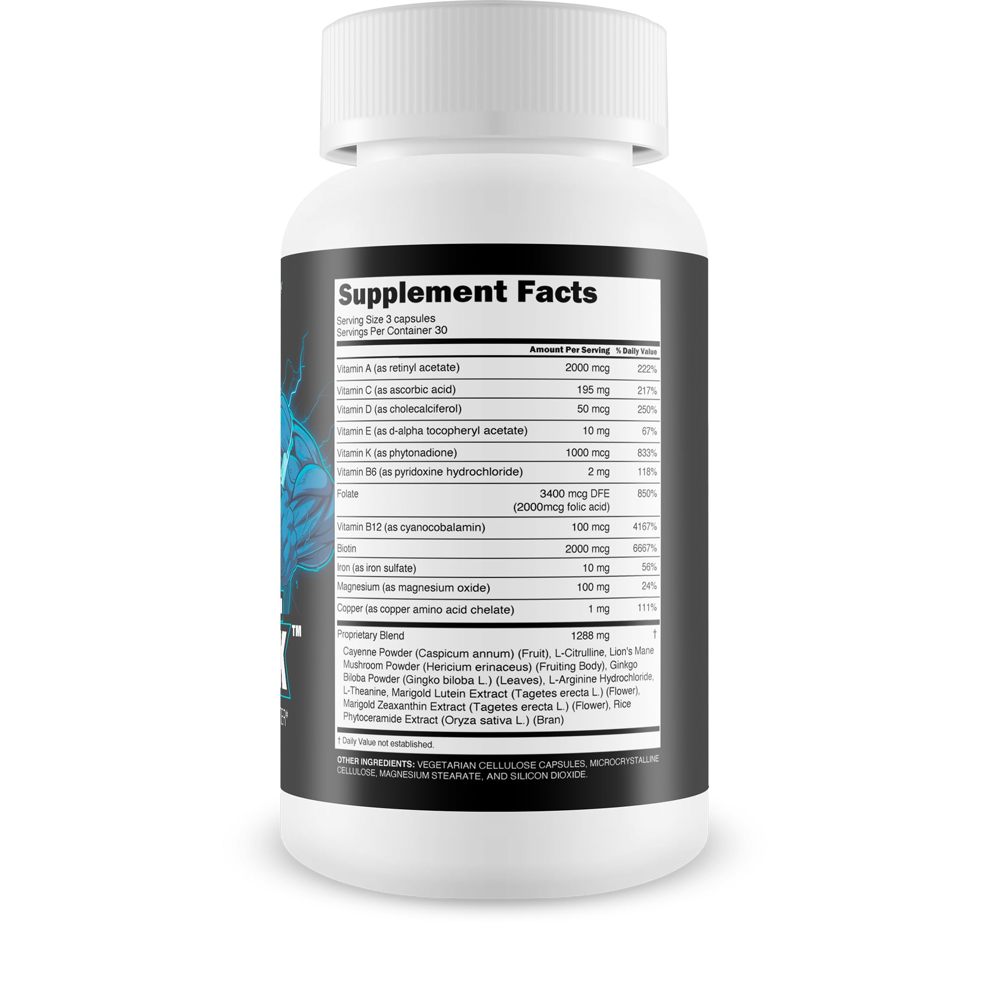 Bull Trick ingredients label highlighting L-Arginine and L-Citrulline for NO support.