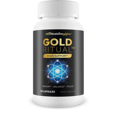 New Vibrations Gold Ritual bottle front signaling premium brain support for daily focus