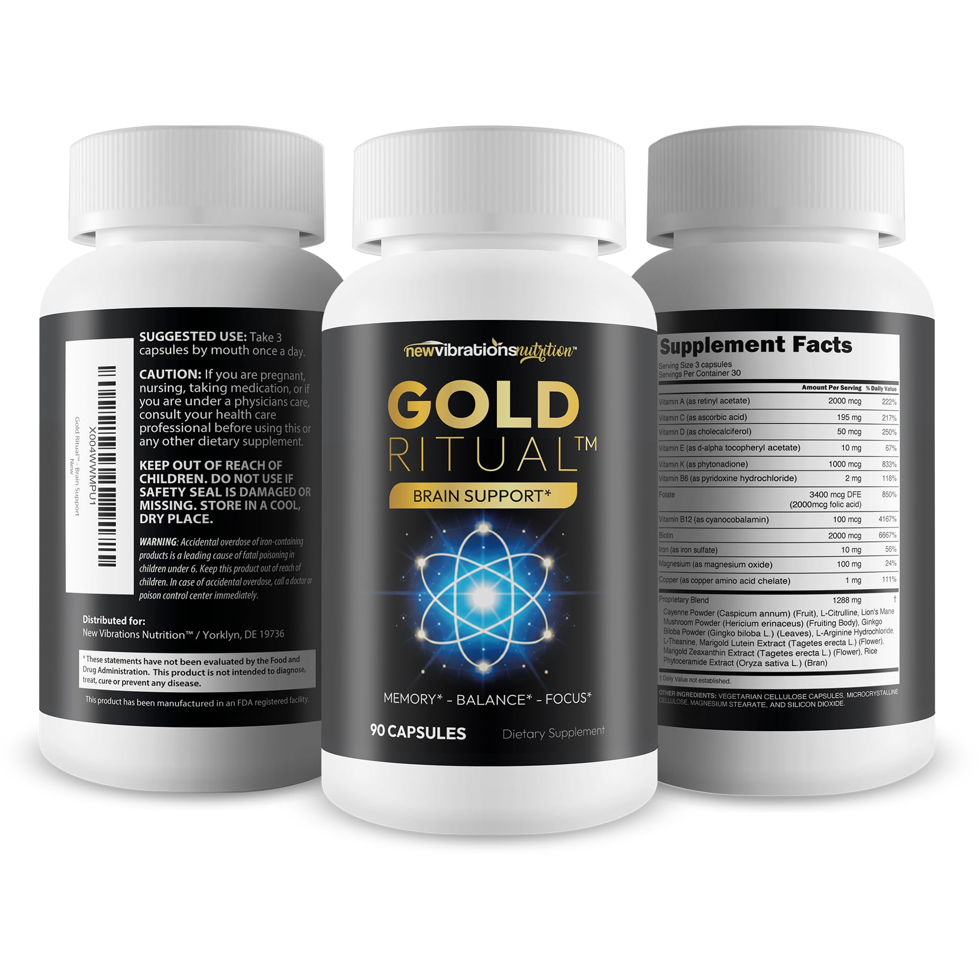 New Vibrations Gold Ritual ingredients visual showcases brain-supporting extracts