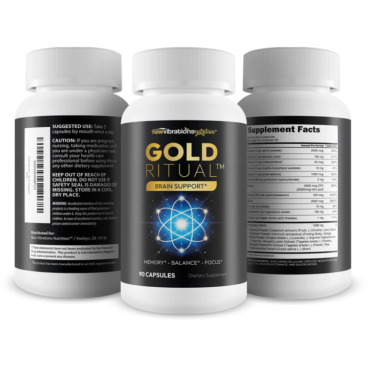 New Vibrations Gold Ritual ingredients visual showcases brain-supporting extracts