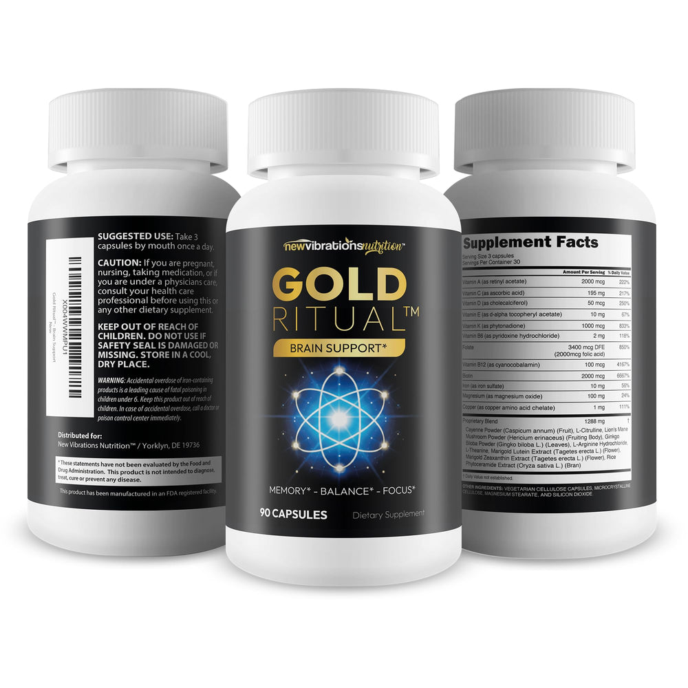 New Vibrations Gold Ritual ingredients visual showcases brain-supporting extracts