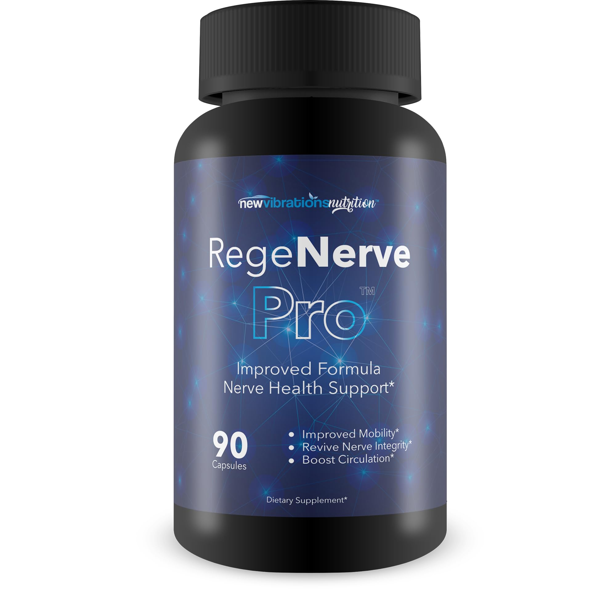 New Vibrations Regenerve Pro bottle pour supports daily nerve health.