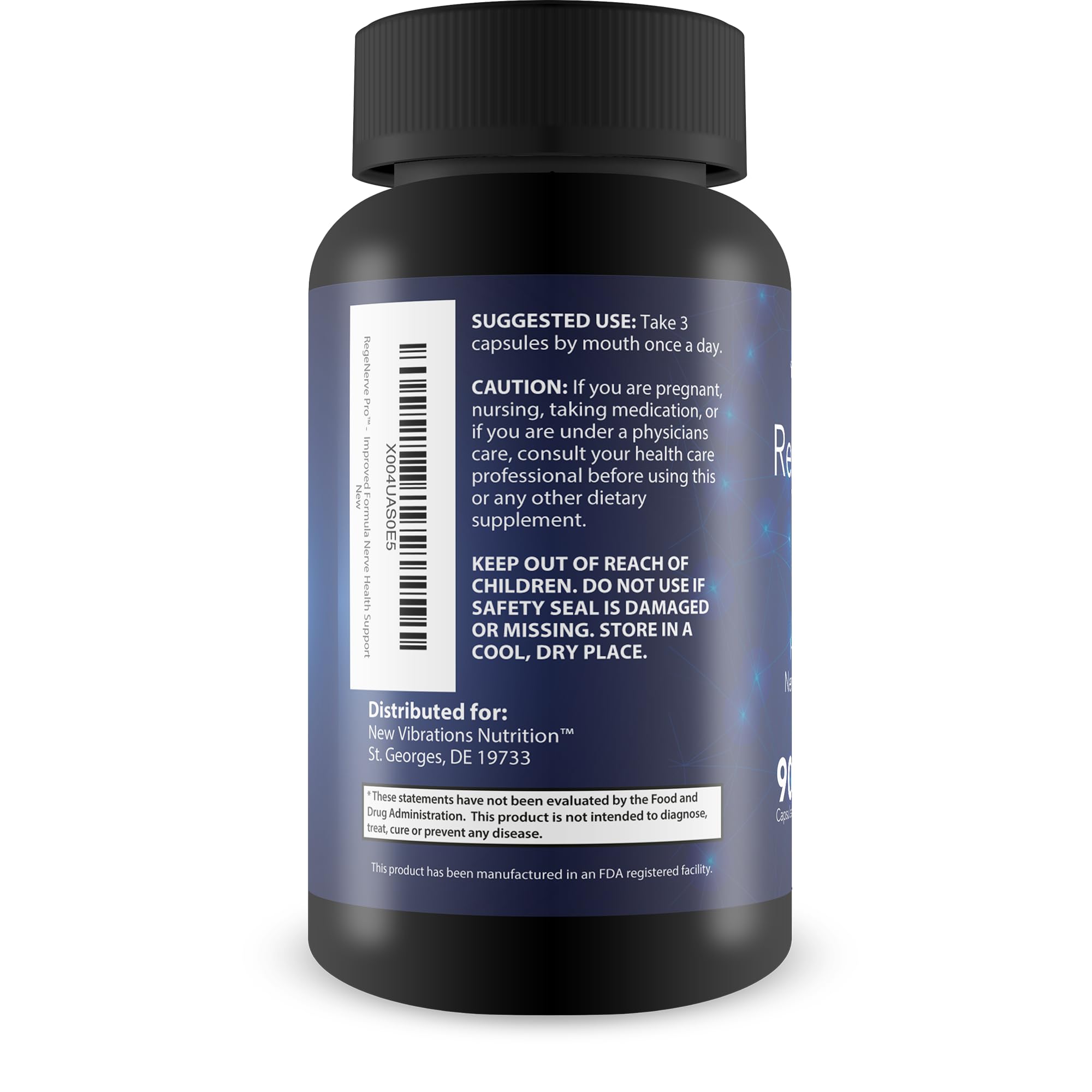 New Vibrations Regenerve Pro label detail highlights turmeric and magnesium.