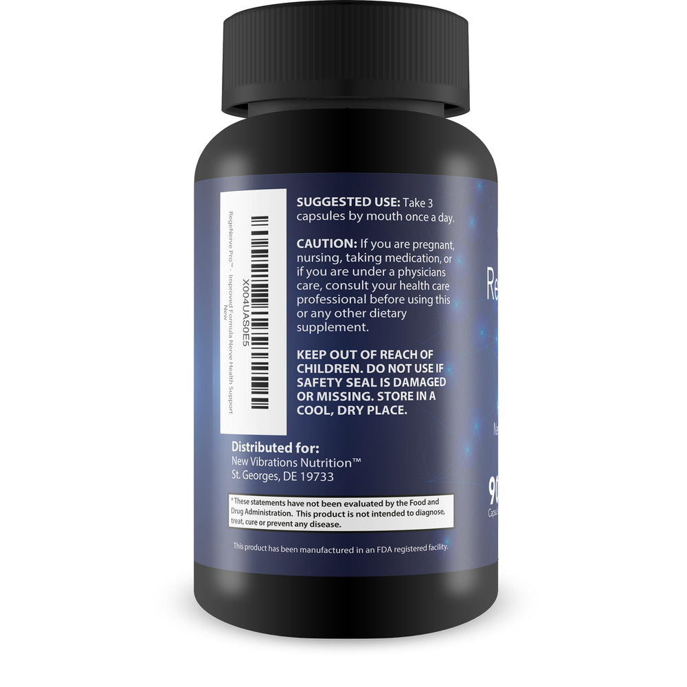 New Vibrations Regenerve Pro label detail highlights turmeric and magnesium.