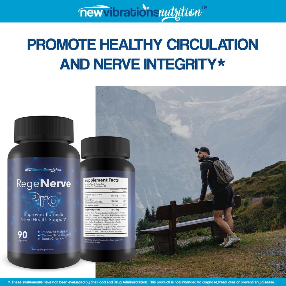 New Vibrations Regenerve Pro bottle with pills for easy daily nourishment.