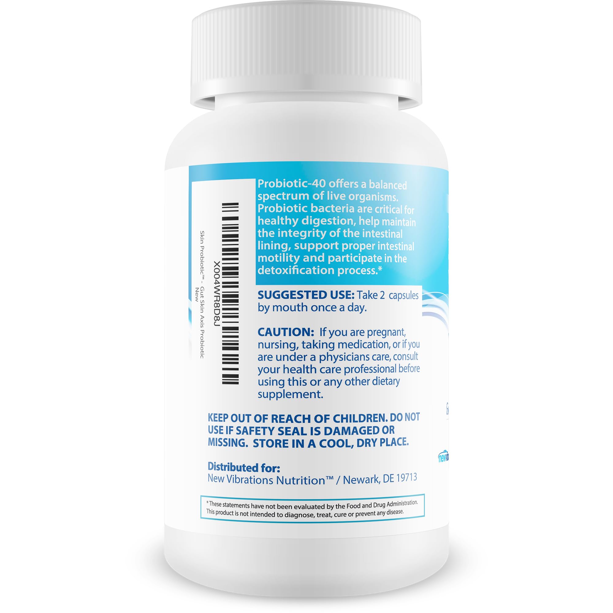 New Vibrations Skin Gut Probiotics glass bottle shows holistic wellness potential.