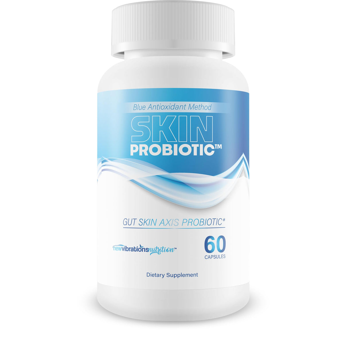 New Vibrations Skin Probiotic Blue label bottle for hydrated, radiant skin.