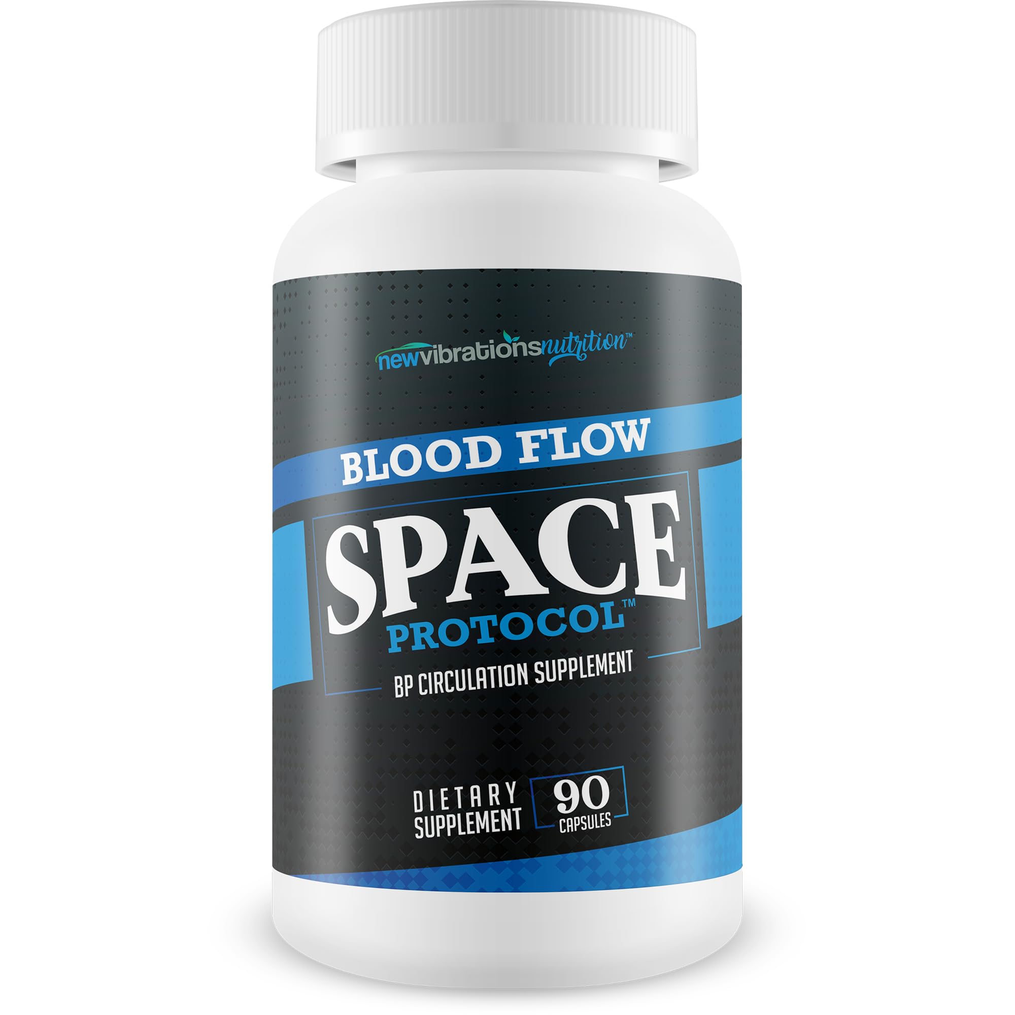 New Vibrations Space Protocol Blood Flow Booster bottle shown for daily circulation support.