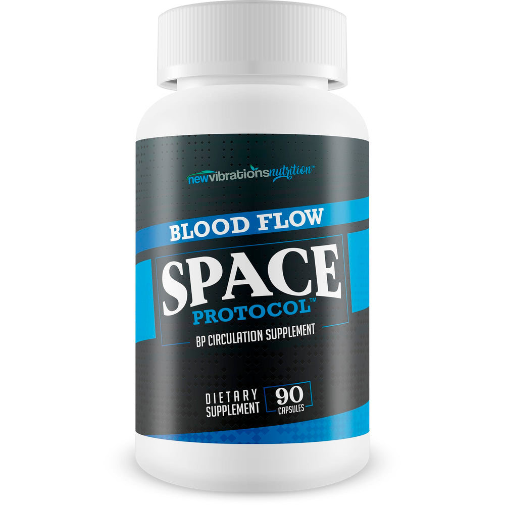 New Vibrations Space Protocol Blood Flow Booster bottle shown for daily circulation support.
