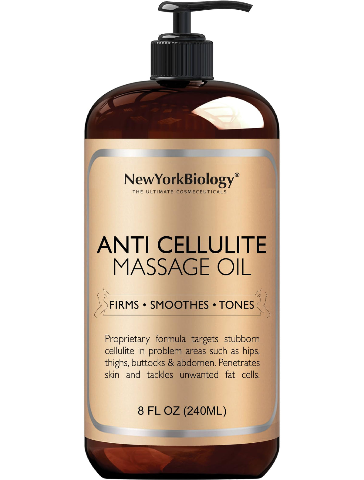New York Biology Anti Cellulite Oil bottle shown for targeted body care during massage and quick skin absorption