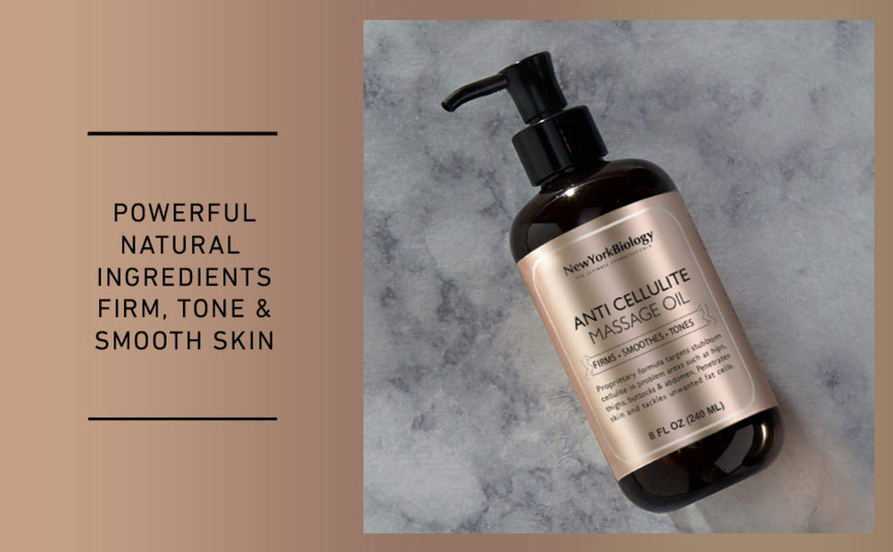 New York Biology Anti Cellulite Oil texture close-up shows silky, lightweight formula