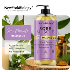 New York Biology full-body massage oil demonstrated for back, neck, and feet care.