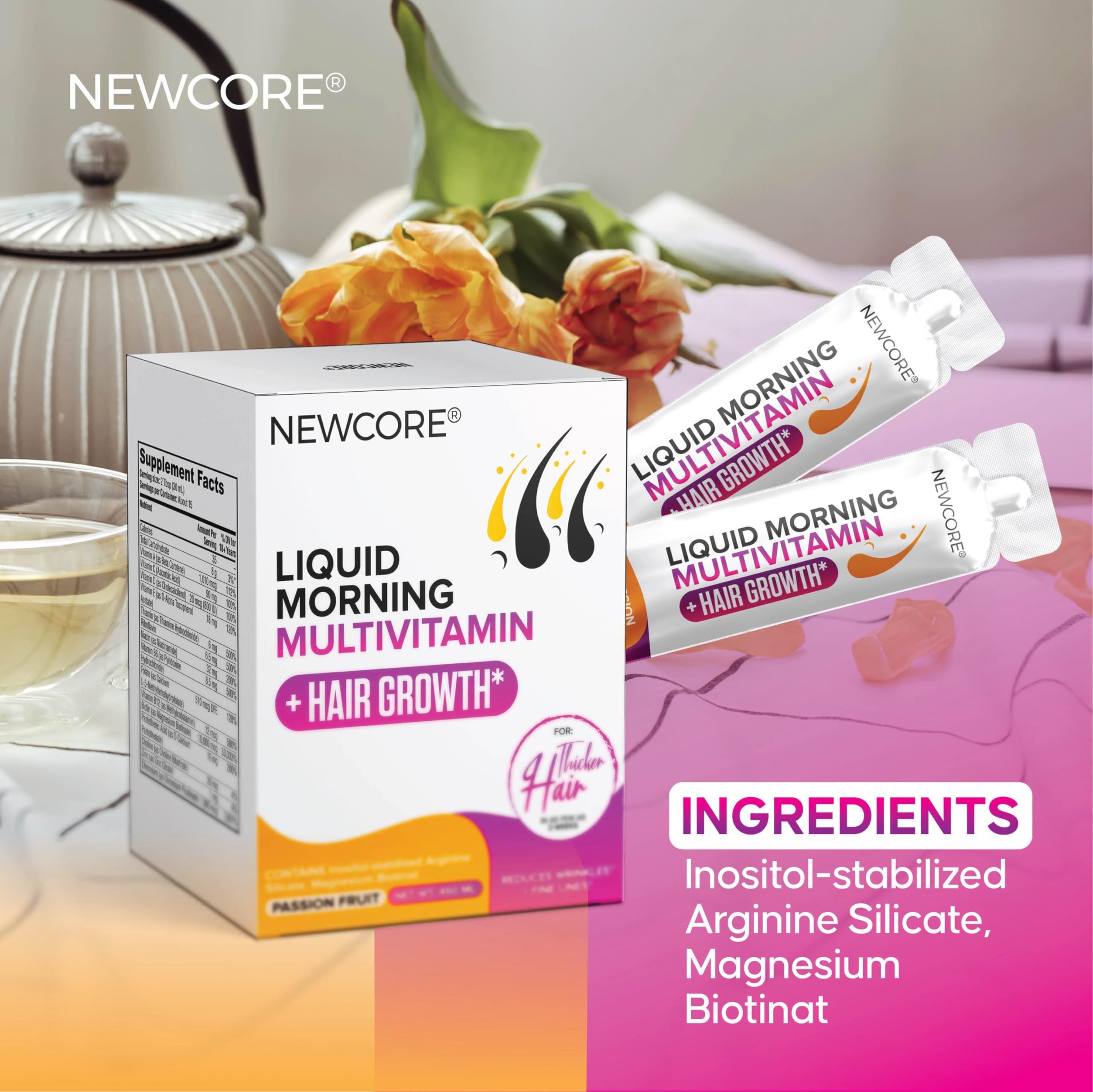 NEWCORE Biotin and Collagen boost highlighted to imply nourishing ingredients