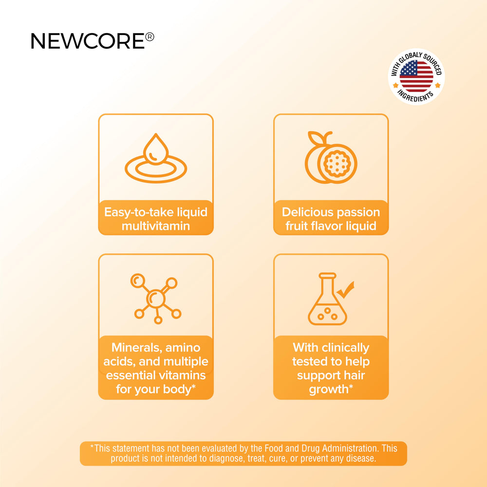 NEWCORE Liquid Multivitamin for Women glass closeup shows glossy liquid texture for skin support