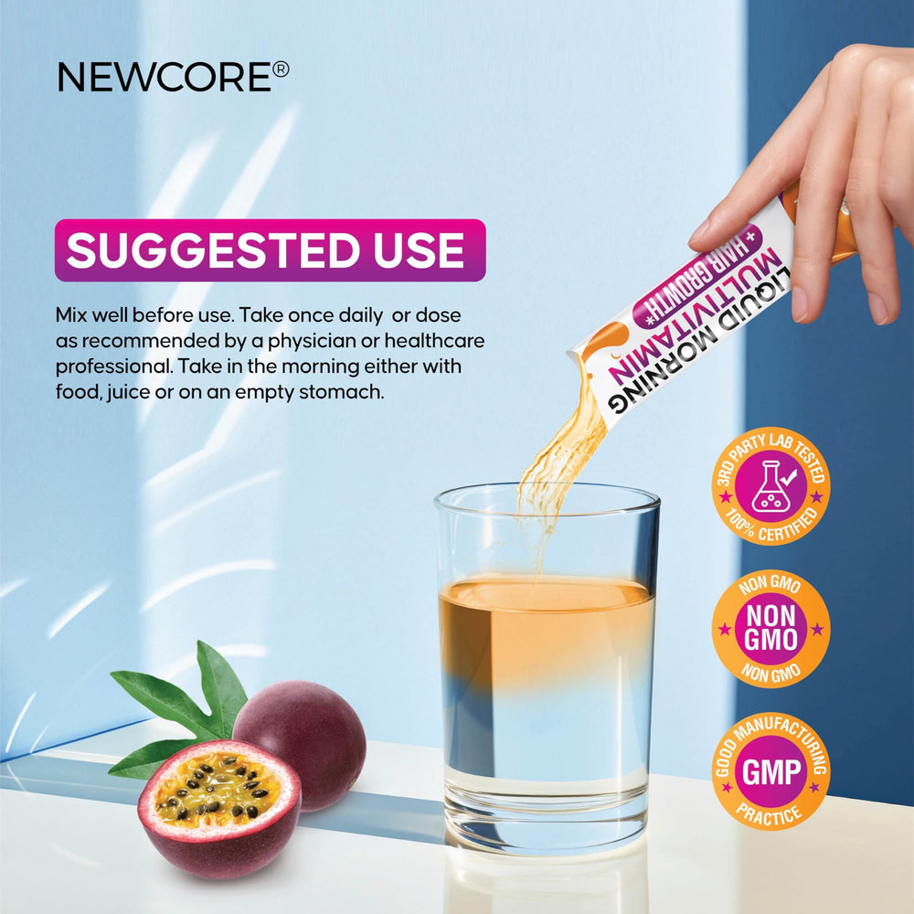 NEWCORE Vegan Non-GMO formulation badge signals clean, plant-based wellness