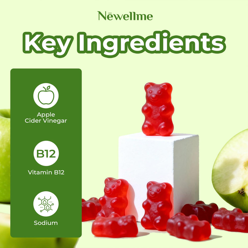 NEWELLME ACV Gummies with B12 close-up highlighting energy metabolism