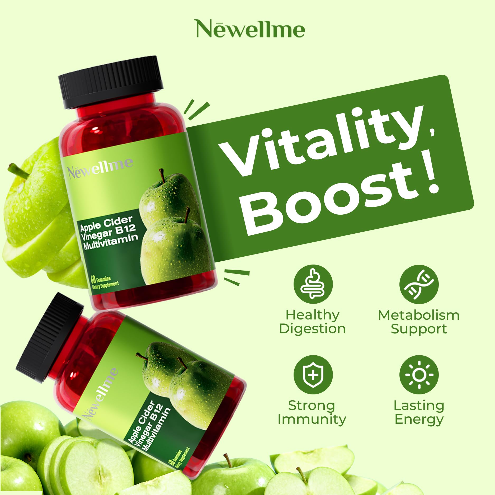 NEWELLME ACV Gummies fruit flavor close-up showing zero sugar and great taste