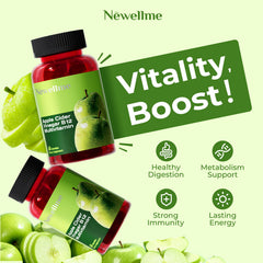 NEWELLME ACV Gummies fruit flavor close-up showing zero sugar and great taste