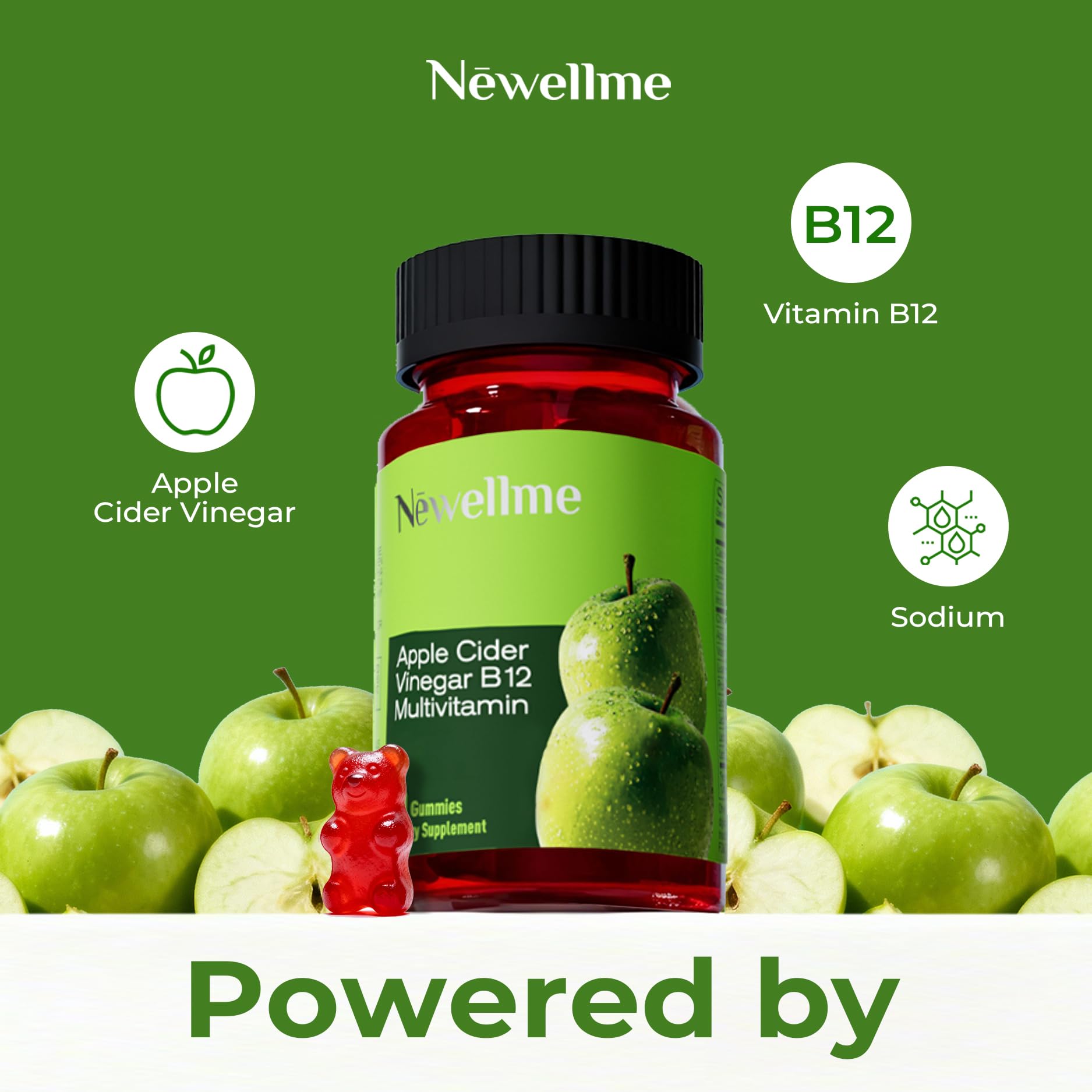 NEWELLME ACV gummies close-up showing The Mother for gut balance.