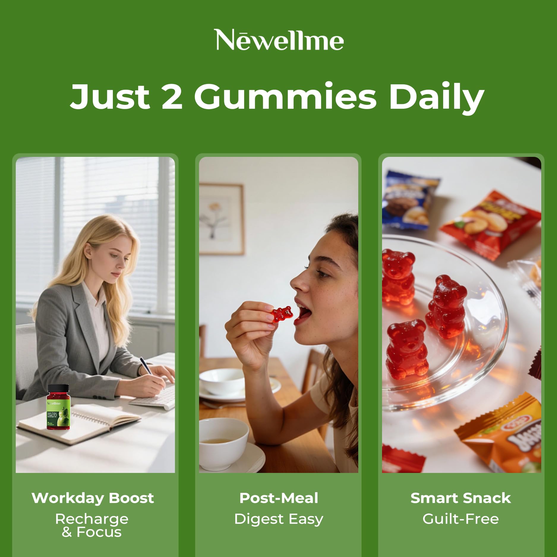 NEWELLME on-the-go gummy close-up suggests travel-friendly wellness
