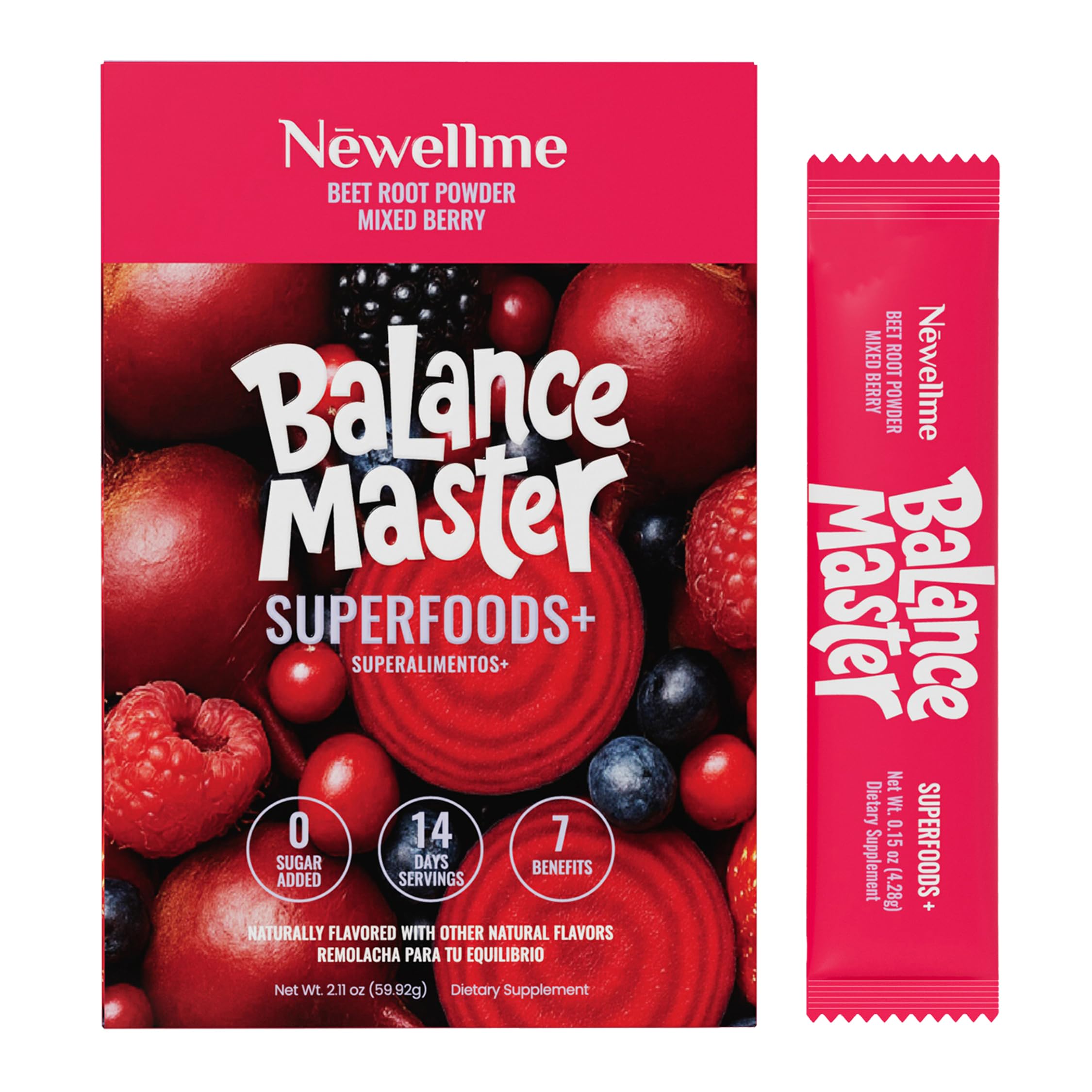 NewellMe Balance Master beet root powder bottle; vibrant color ideal for smoothies.
