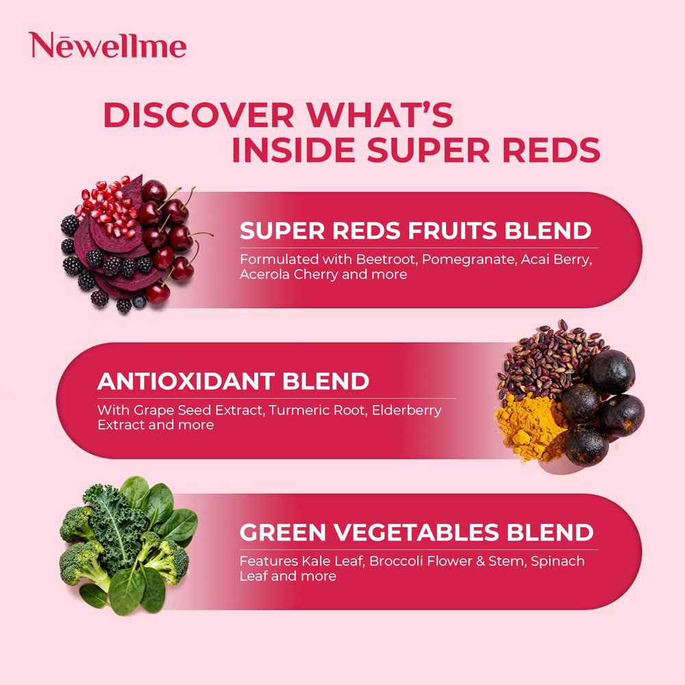 Powder mix in glass highlighting red superfoods and beet root ingredients