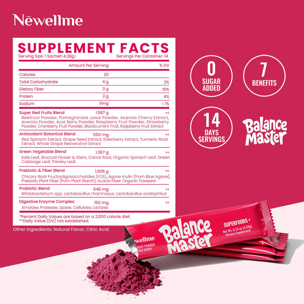 NEWELLME Balance Master Super Reds label close-up showing vegan and non-GMO attributes