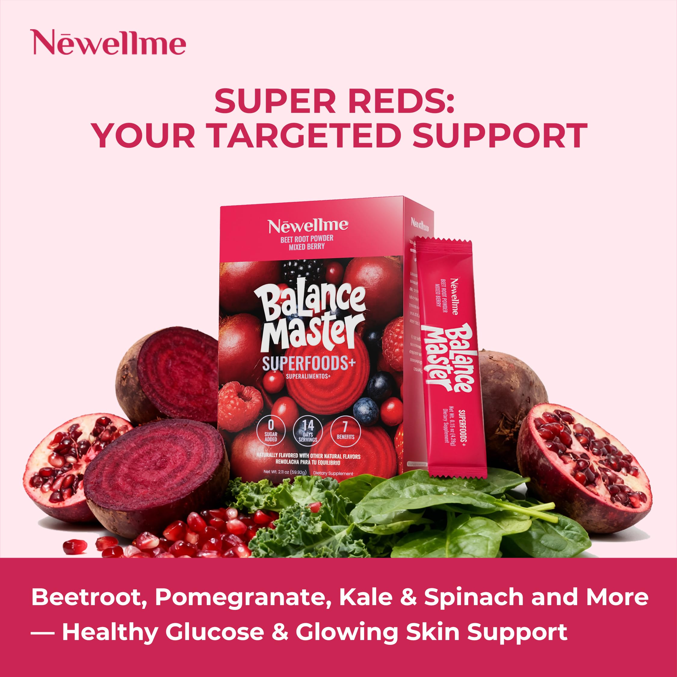 NewellMe Balance Master mixing in glass; rich red liquid Ready for consumption.