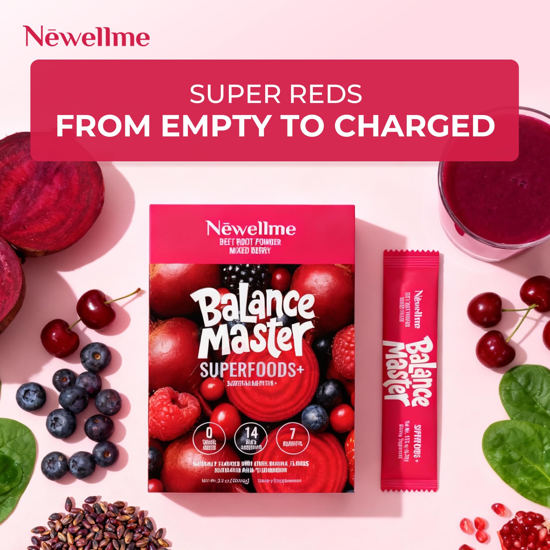NEWELLME Balance Master Super Reds stick packs for on-the-go nutrition and hydration