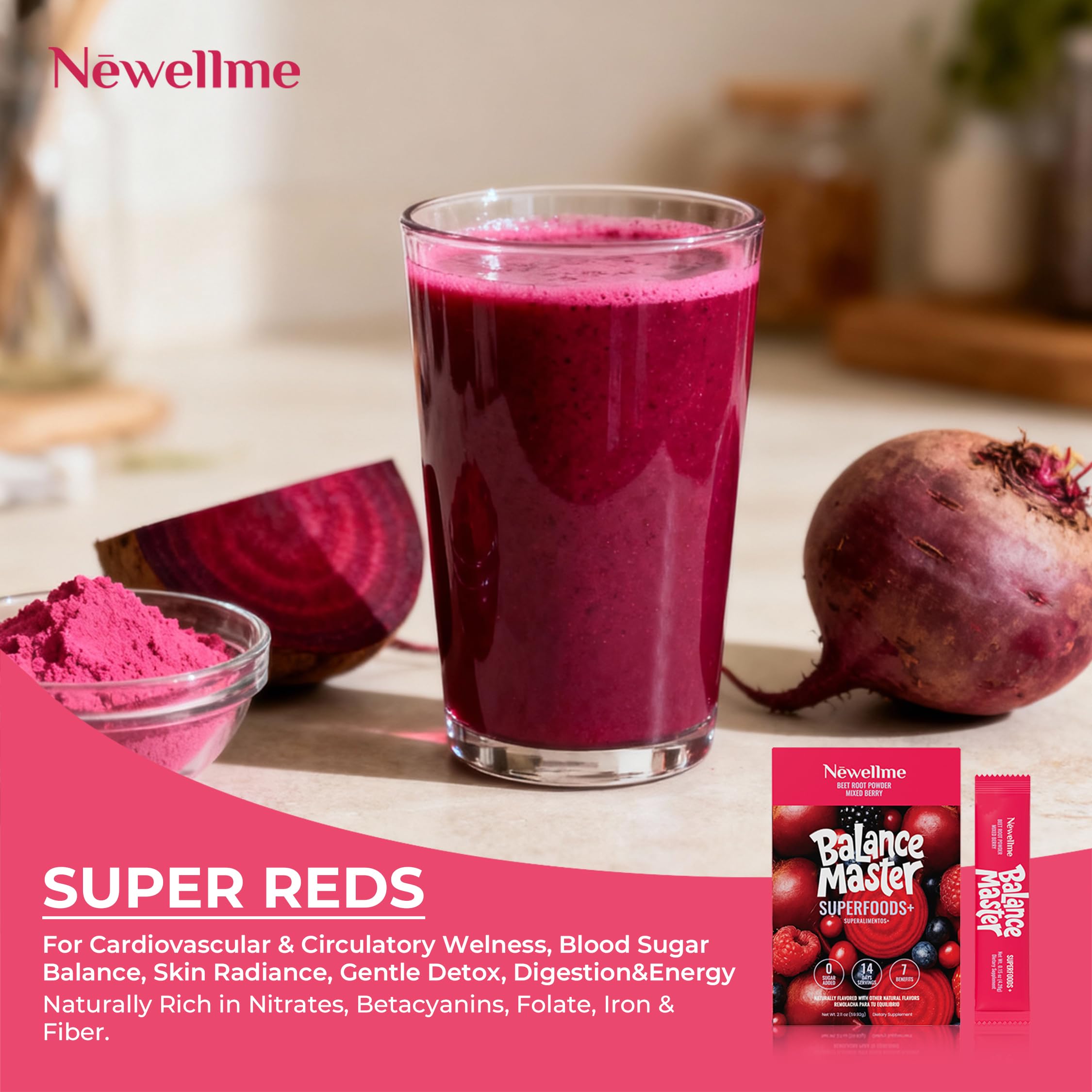 NewellMe Balance Master vegan fruits blend; convenient daily nutrition.