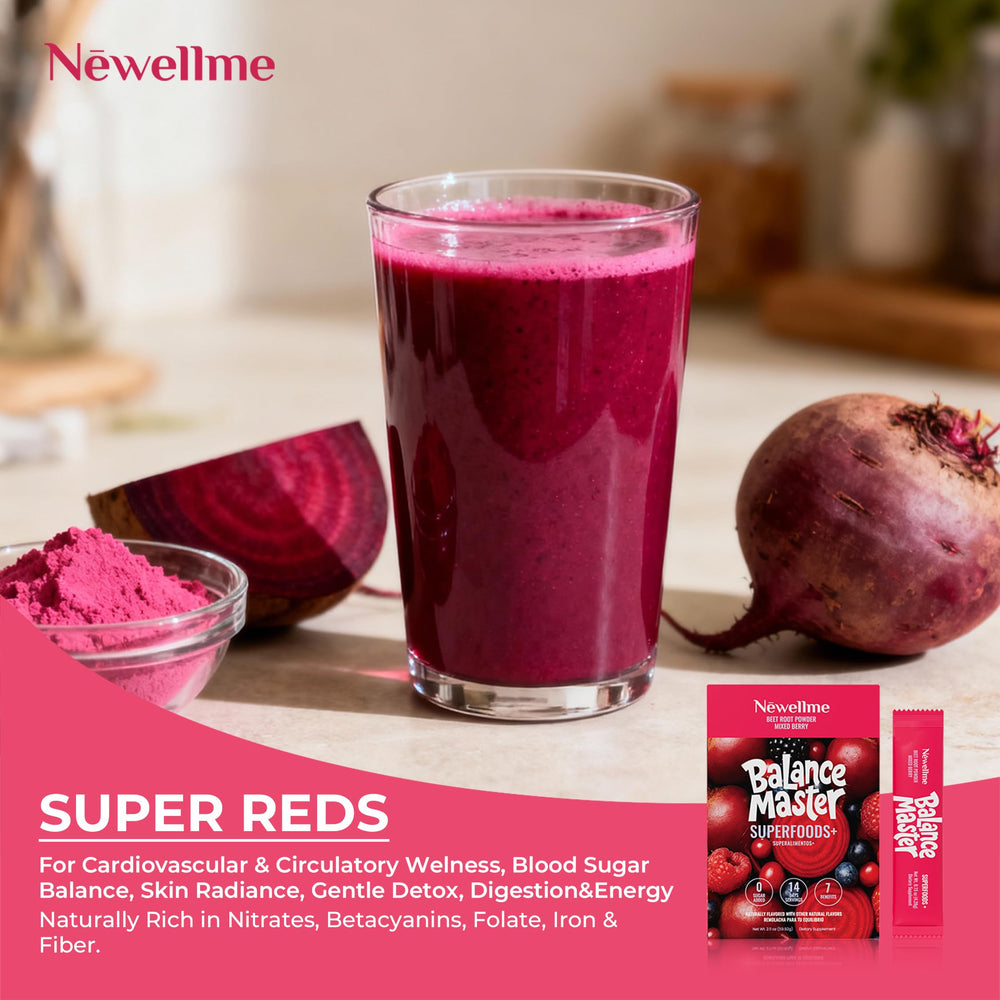 NewellMe Balance Master vegan fruits blend; convenient daily nutrition.