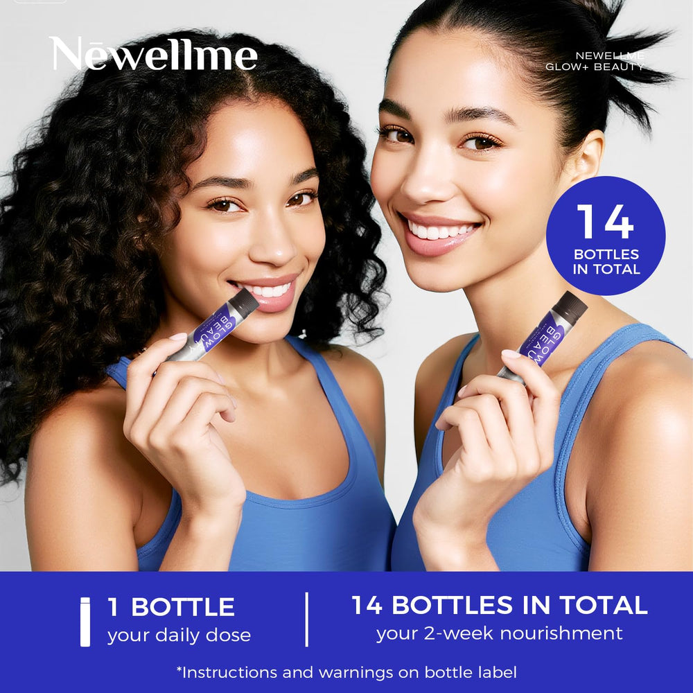NEWELLME Glow+Beauty bottle label closeup with clean-taste emphasis