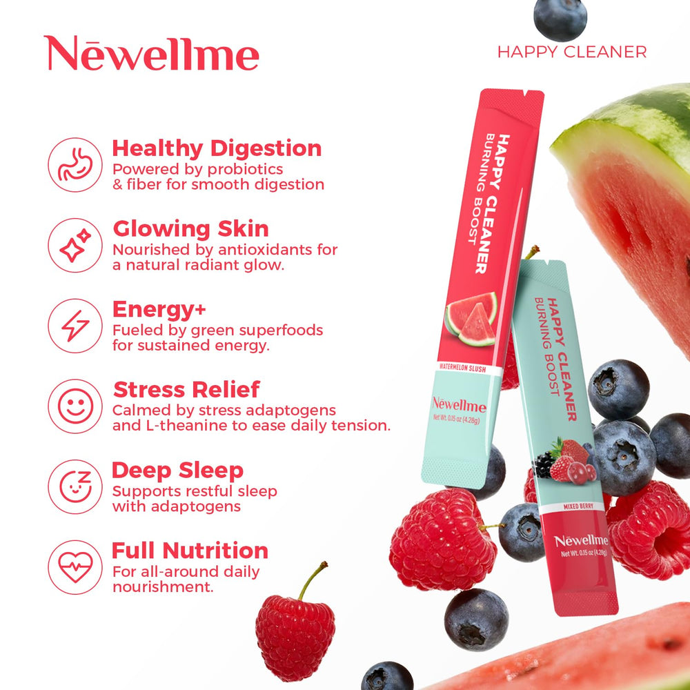 NEWELLME Happy Cleaner Super Greens Watermelon Glass shows a crisp refreshing drink