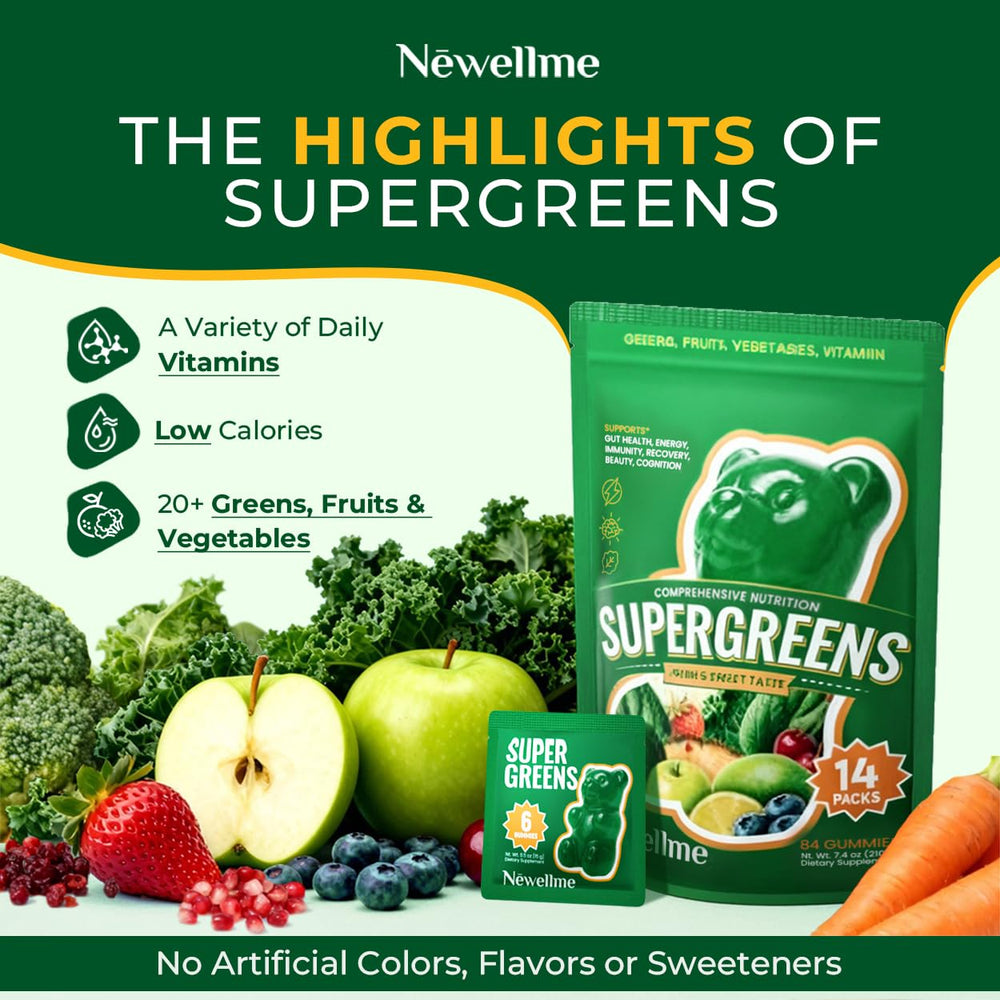 Newellme Super Greens Gummies ingredients panel highlights spirulina and chlorella for gut-friendly greens.
