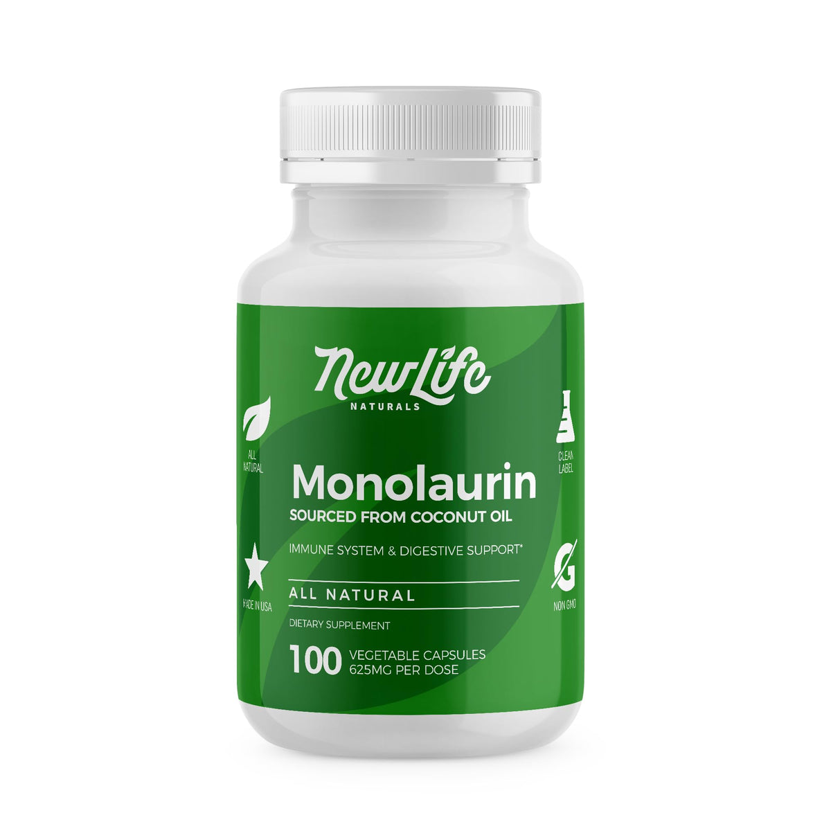 NewLife Naturals Monolaurin bottle on white surface for gut health support.