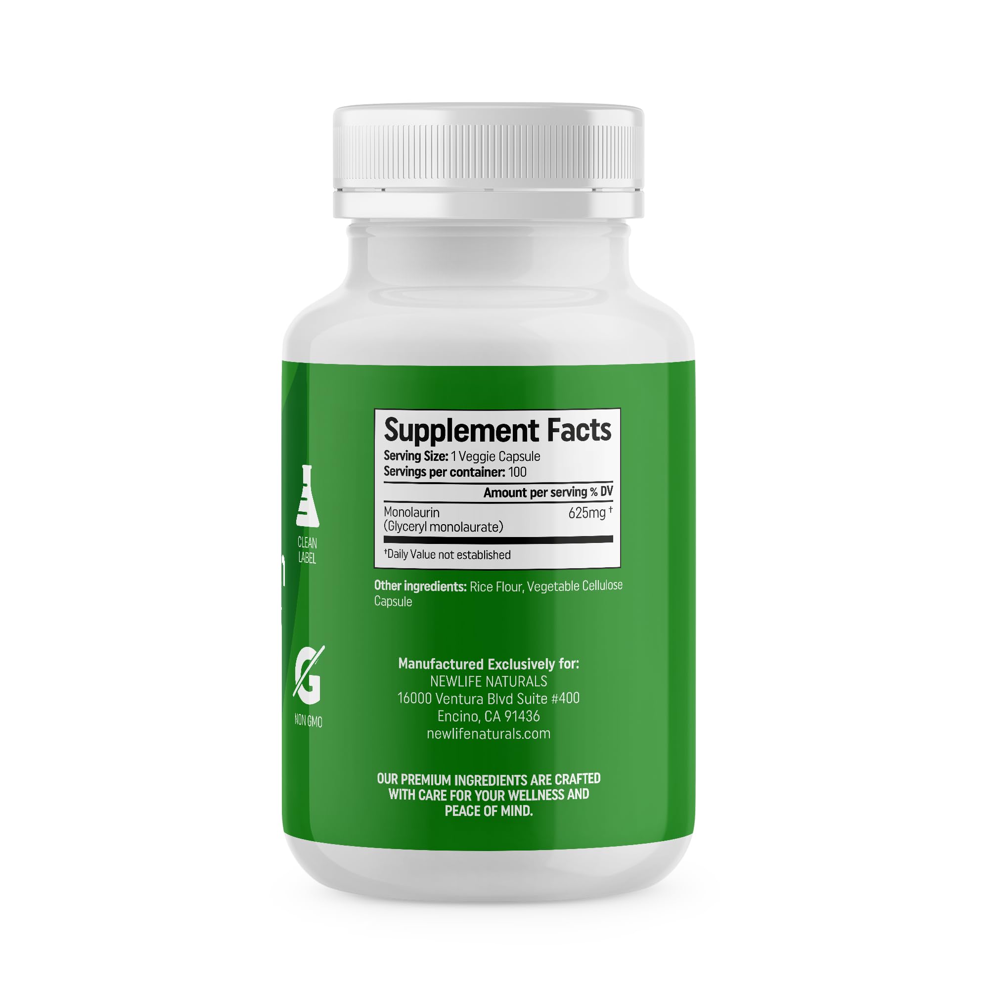 Close-up of NewLife Naturals Monolaurin label with ingredients.