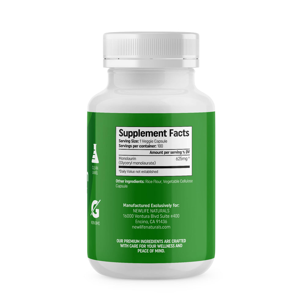 Close-up of NewLife Naturals Monolaurin label with ingredients.